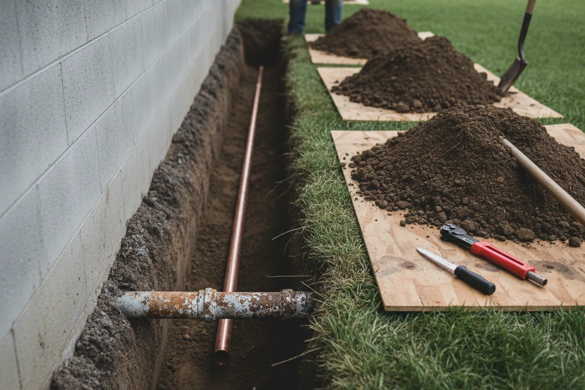 Excavated water line trench during Sewer Line Repair in Stephentown